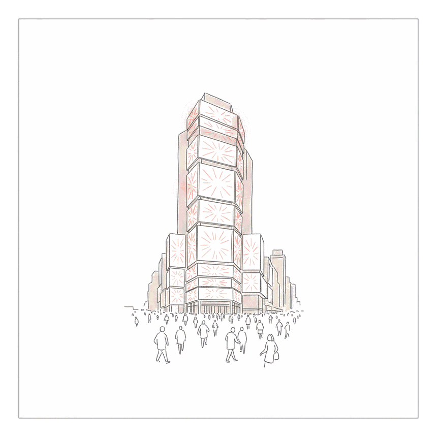 Illustrated iconic square with a tower wrapped in glowing coral spectacular screens