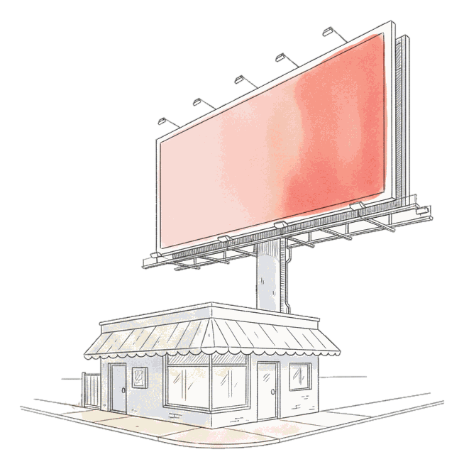 Illustrated startup launch scene with glowing coral Blindspot DOOH screens