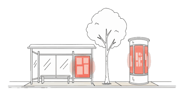 Illustrated bus shelter and sidewalk kiosk with glowing coral panels