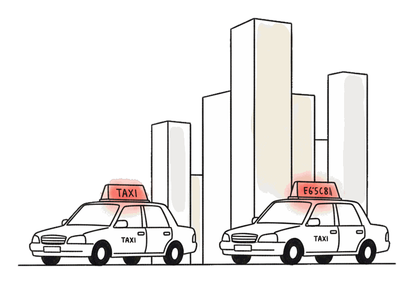 Illustrated city street with taxi-top screens glowing coral