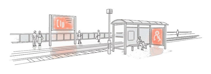 Illustrated rail-platform and bus-shelter screens glowing coral with commuters