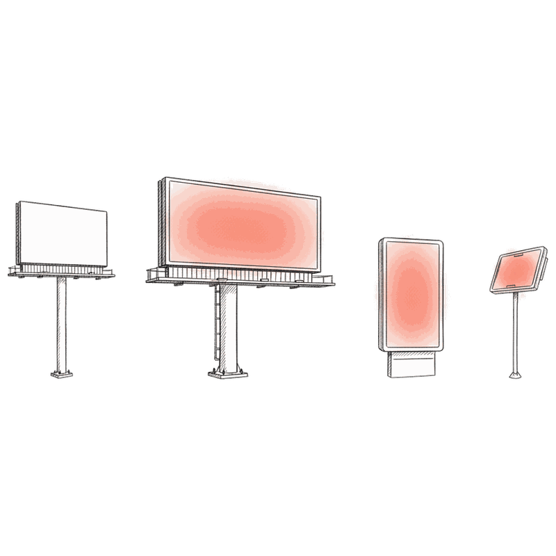 Illustrated lineup of billboard formats: a plain static roadside poster beside a glowing coral digital spectacular, a transit citylight and a small urban screen