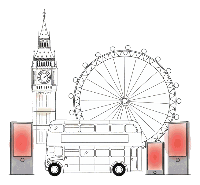 Illustrated London skyline and UK cityscape with glowing coral Blindspot DOOH screens