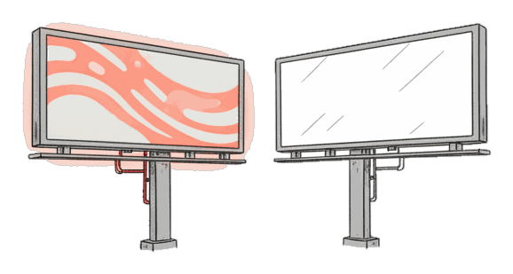 Illustrated head-to-head platform comparison with glowing coral Blindspot DOOH screens