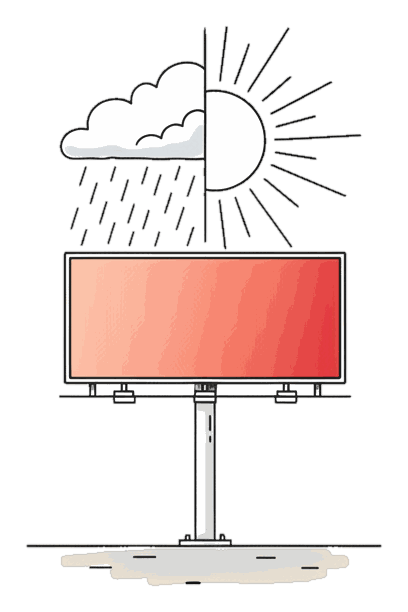 Illustrated weather-reactive billboard swapping creative with glowing coral Blindspot DOOH screens
