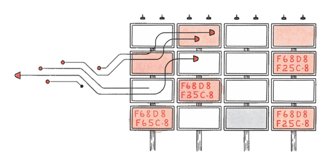 Illustrated grid of digital billboard screens with automated data streams and glowing coral cells