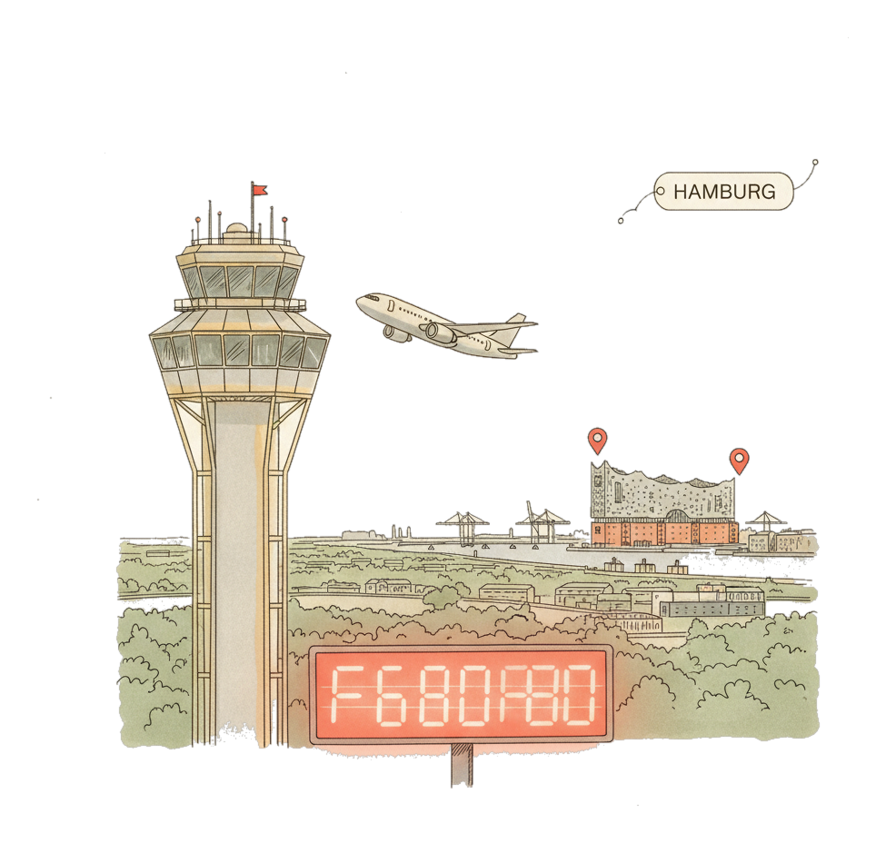 Illustrated Hamburg Airport landmark with glowing coral Blindspot DOOH advertising screens