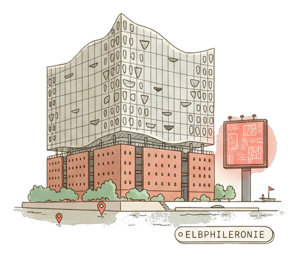 Illustrated Hamburg landmark with glowing coral Blindspot DOOH advertising screens