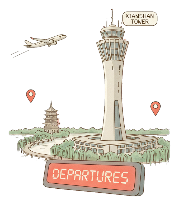 Illustrated Hangzhou Airport landmark with glowing coral Blindspot DOOH advertising screens