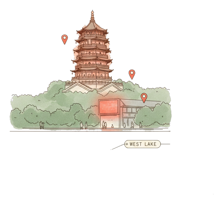 Illustrated Hangzhou landmark with glowing coral Blindspot DOOH advertising screens