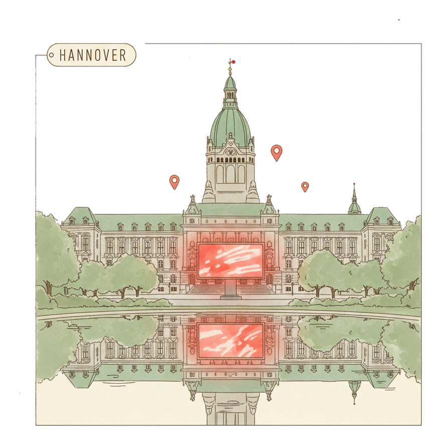 Illustrated Hannover landmark with glowing coral Blindspot DOOH advertising screens