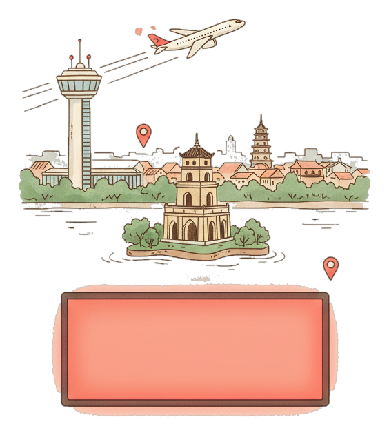 Illustrated Noi Bai International Airport landmark with glowing coral Blindspot DOOH advertising screens