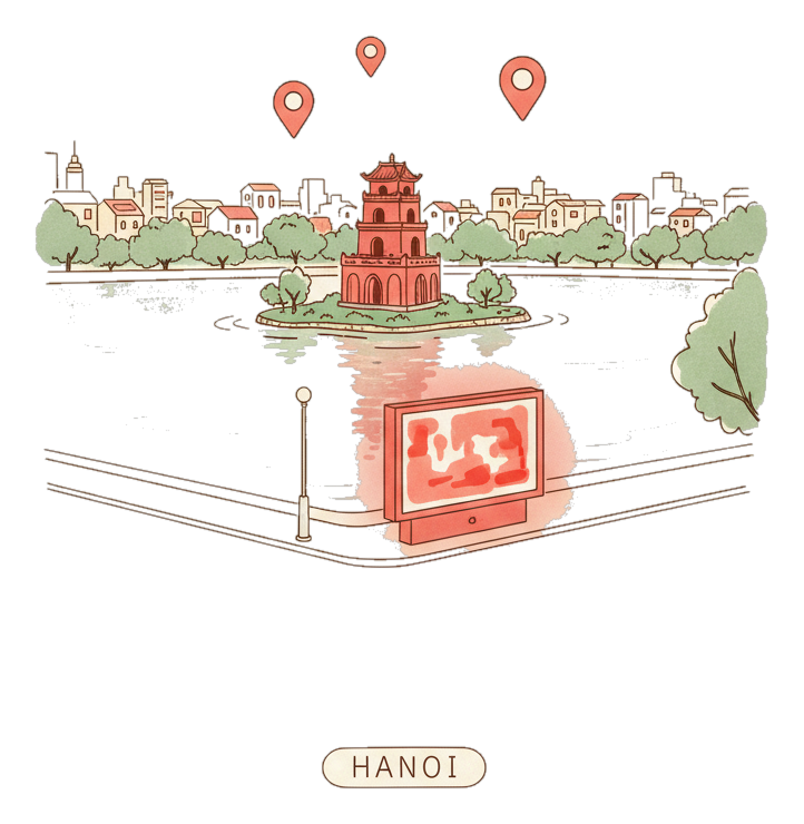 Illustrated Hanoi landmark with glowing coral Blindspot DOOH advertising screens