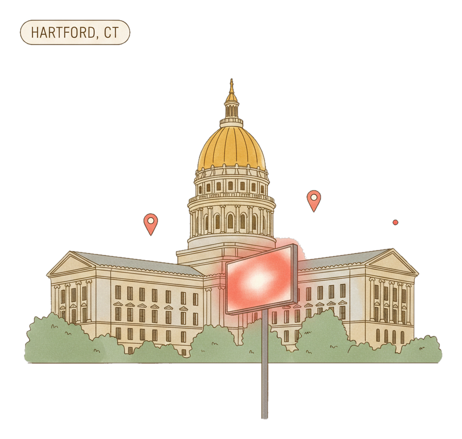 Illustrated Hartford landmark with glowing coral Blindspot DOOH advertising screens