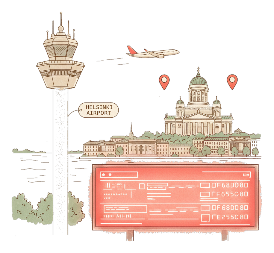 Illustrated Helsinki Airport landmark with glowing coral Blindspot DOOH advertising screens