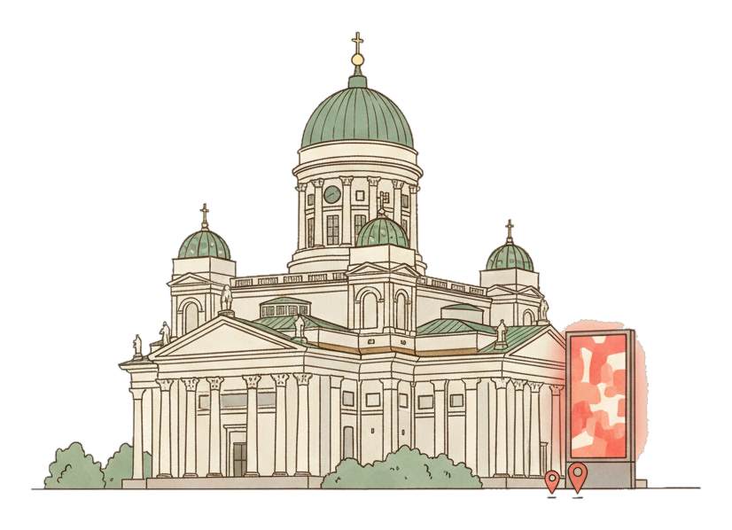 Illustrated Helsinki landmark with glowing coral Blindspot DOOH advertising screens