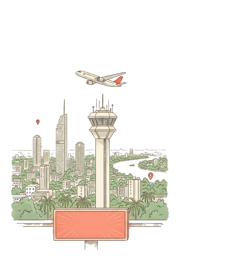 Illustrated Tan Son Nhat International Airport landmark with glowing coral Blindspot DOOH advertising screens