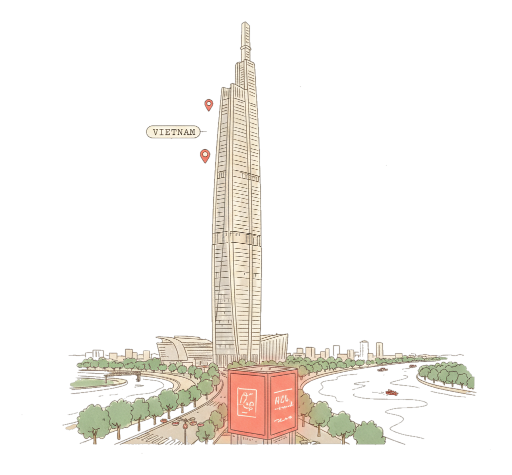 Illustrated Ho Chi Minh City landmark with glowing coral Blindspot DOOH advertising screens
