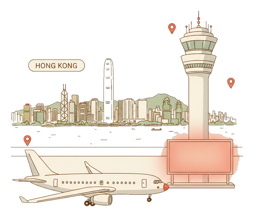 Illustrated Hong Kong Airport landmark with glowing coral Blindspot DOOH advertising screens