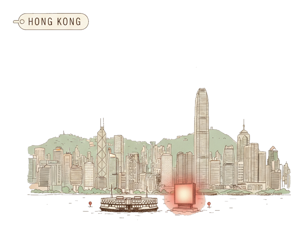 Illustrated Hong Kong landmark with glowing coral Blindspot DOOH advertising screens