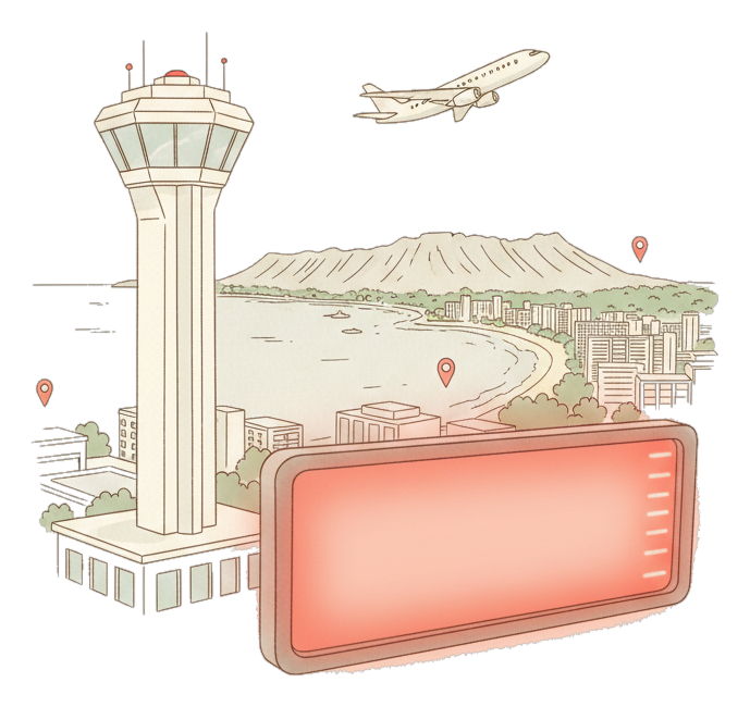 Illustrated Daniel K. Inouye International Airport landmark with glowing coral Blindspot DOOH advertising screens