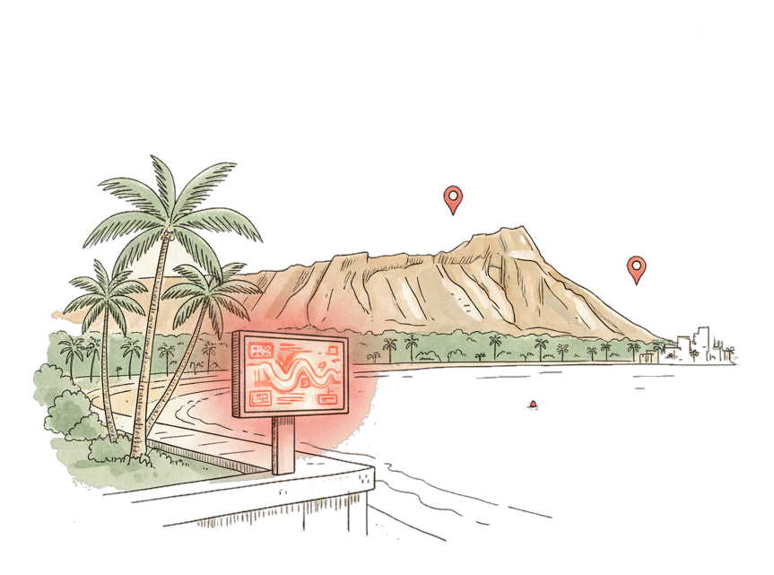Illustrated Honolulu landmark with glowing coral Blindspot DOOH advertising screens