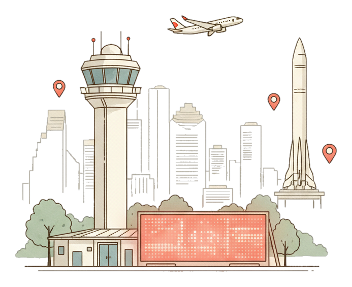 Illustrated George Bush Intercontinental Airport, Houston landmark with glowing coral Blindspot DOOH advertising screens