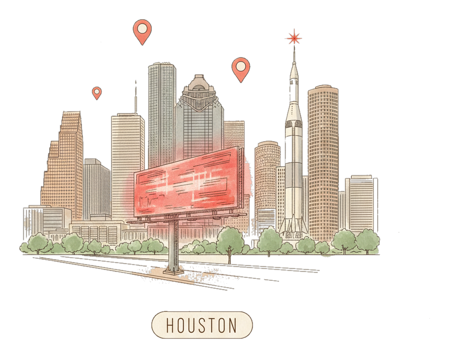 Illustrated Houston's downtown skyline with glowing coral Blindspot DOOH advertising screens