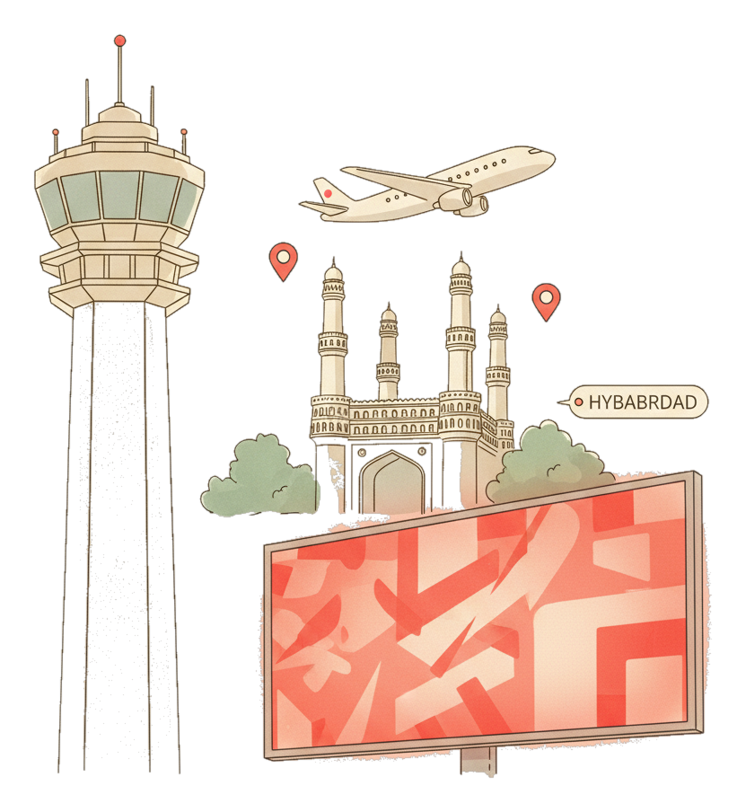 Illustrated Rajiv Gandhi International Airport landmark with glowing coral Blindspot DOOH advertising screens