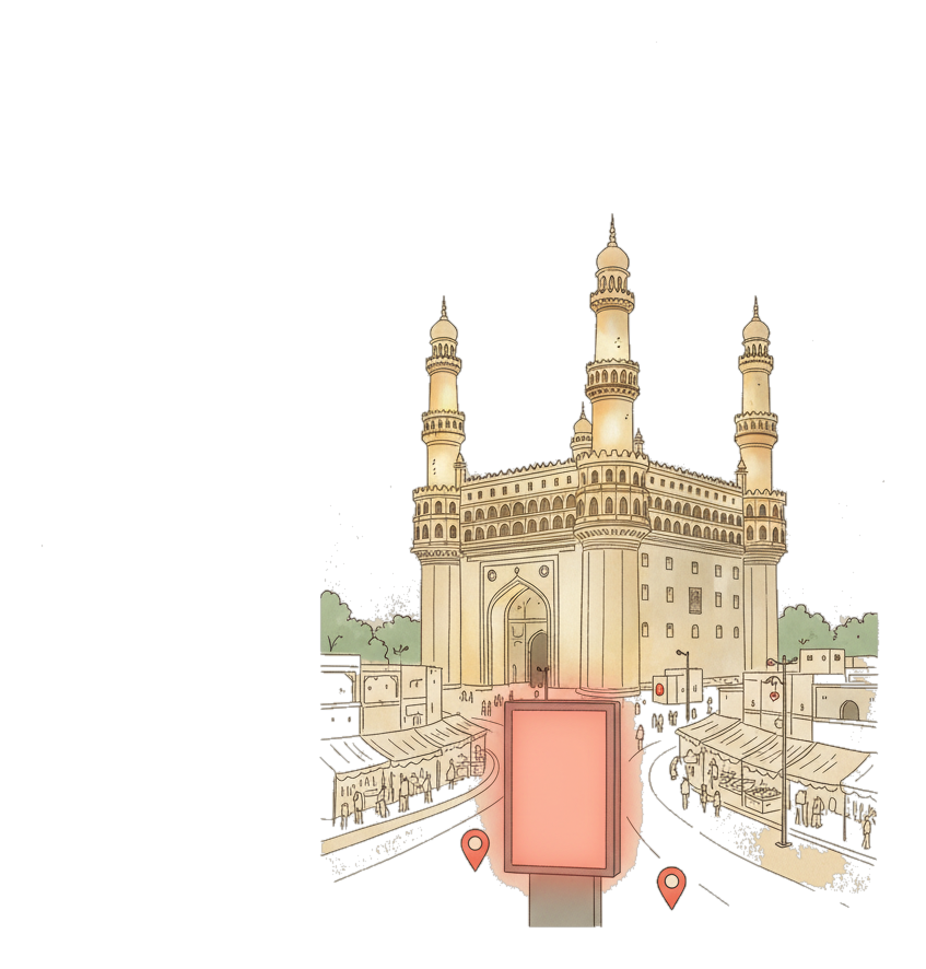 Illustrated Hyderabad landmark with glowing coral Blindspot DOOH advertising screens