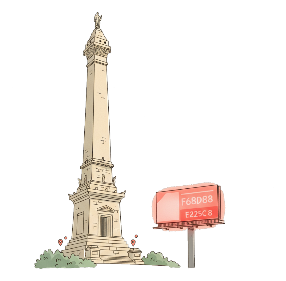Illustrated Indianapolis landmark with glowing coral Blindspot DOOH advertising screens