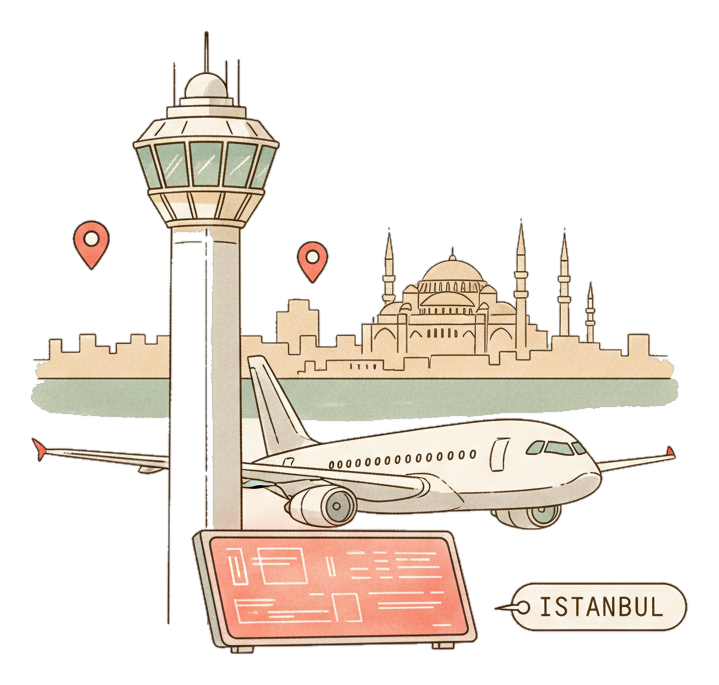 Illustrated Istanbul Airport landmark with glowing coral Blindspot DOOH advertising screens