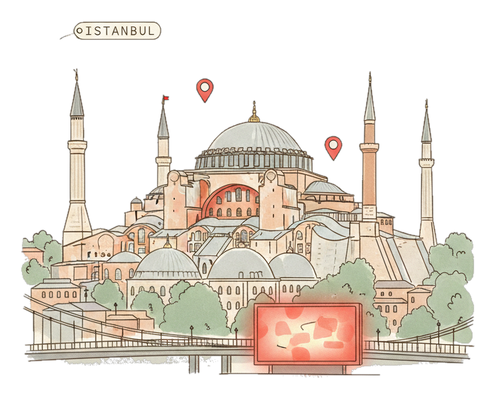 Illustrated Istanbul landmark with glowing coral Blindspot DOOH advertising screens