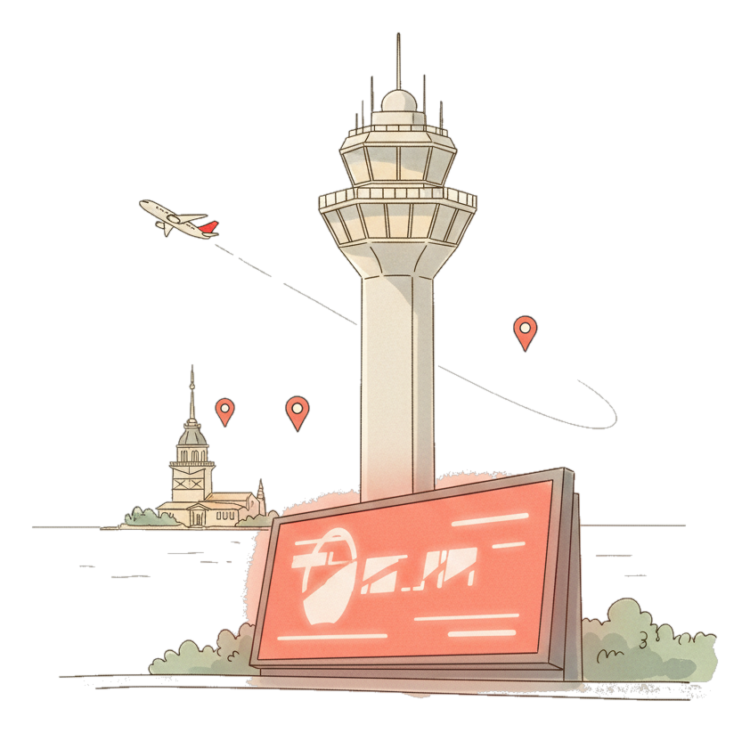 Illustrated Istanbul Sabiha Gokcen International Airport landmark with glowing coral Blindspot DOOH advertising screens