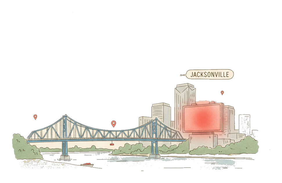 Illustrated Jacksonville landmark with glowing coral Blindspot DOOH advertising screens