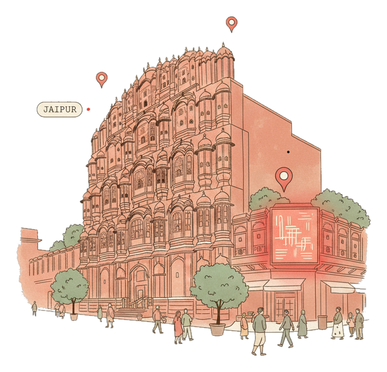 Illustrated Jaipur landmark with glowing coral Blindspot DOOH advertising screens