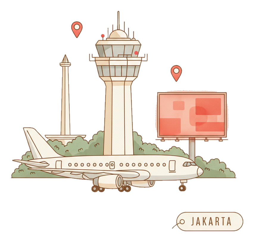 Illustrated Jakarta Airport landmark with glowing coral Blindspot DOOH advertising screens