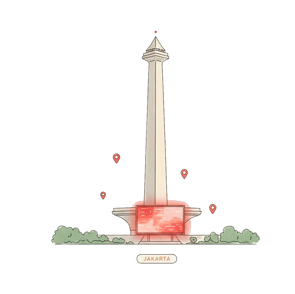 Illustrated Jakarta landmark with glowing coral Blindspot DOOH advertising screens