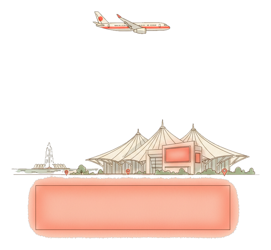 Illustrated Jeddah Airport landmark with glowing coral Blindspot DOOH advertising screens