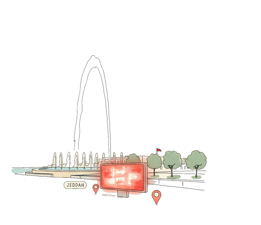 Illustrated Jeddah landmark with glowing coral Blindspot DOOH advertising screens
