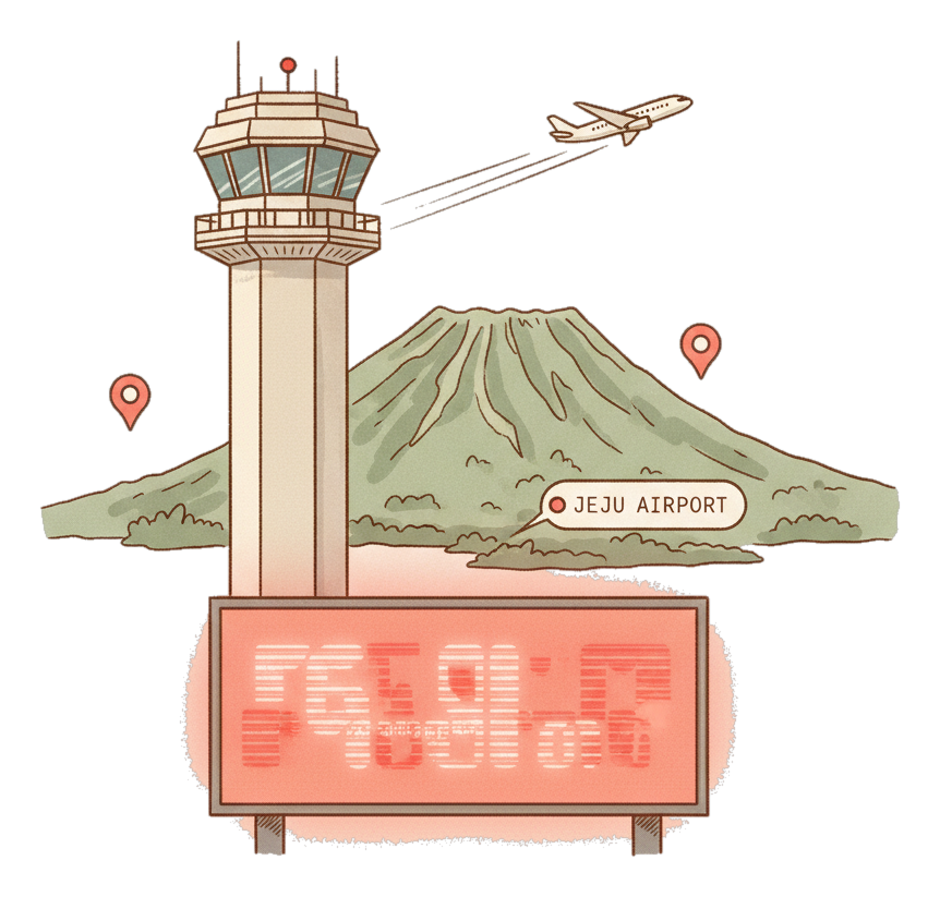 Illustrated Jeju International Airport landmark with glowing coral Blindspot DOOH advertising screens