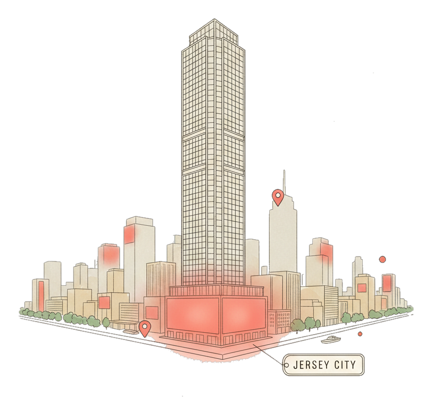 Illustrated Jersey City landmark with glowing coral Blindspot DOOH advertising screens