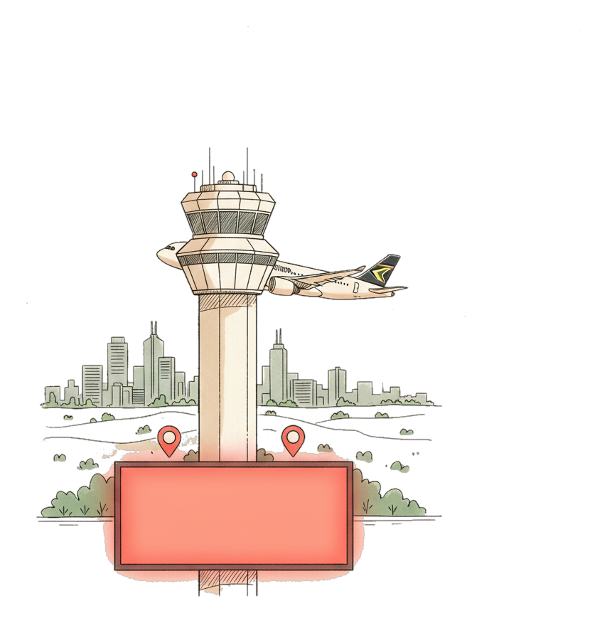 Illustrated O.R. Tambo International Airport landmark with glowing coral Blindspot DOOH advertising screens