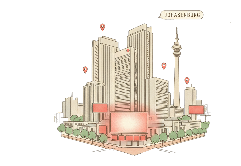 Illustrated Johannesburg landmark with glowing coral Blindspot DOOH advertising screens