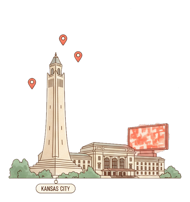 Illustrated Kansas City landmark with glowing coral Blindspot DOOH advertising screens