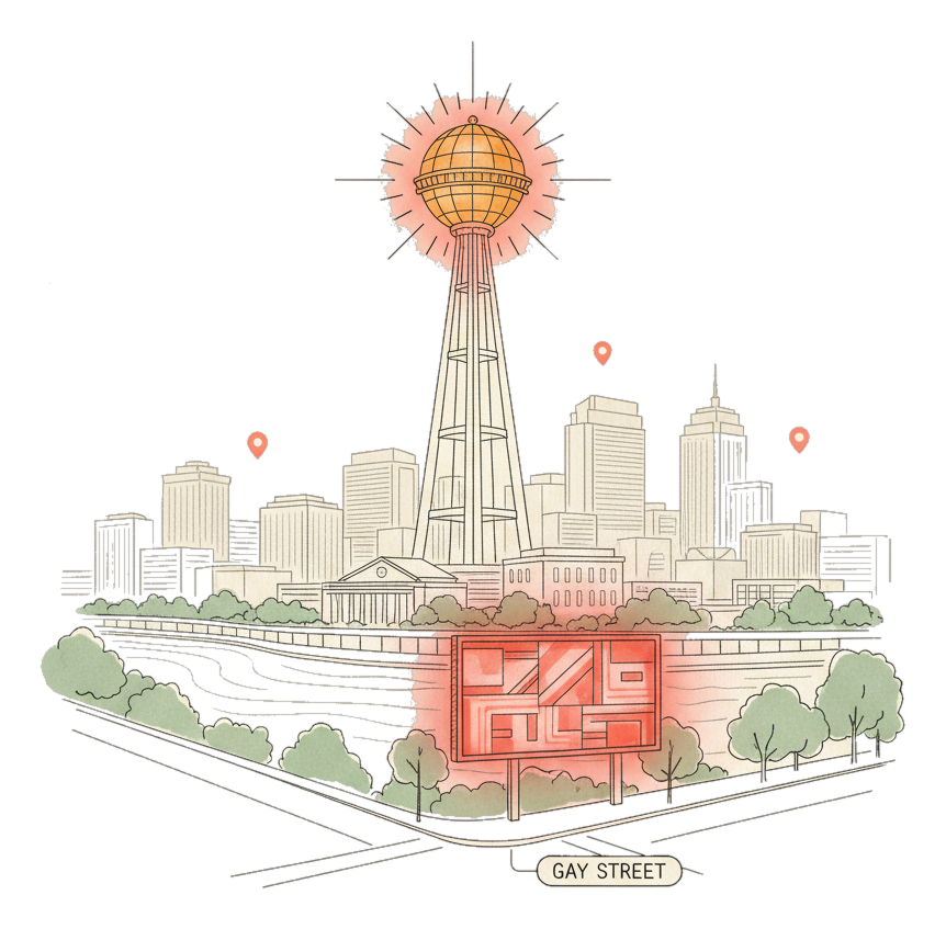 Illustrated Knoxville landmark with glowing coral Blindspot DOOH advertising screens