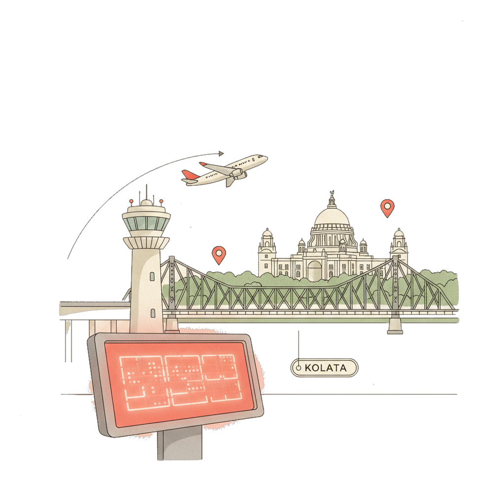 Illustrated Netaji Subhas Chandra Bose International Airport landmark with glowing coral Blindspot DOOH advertising screens