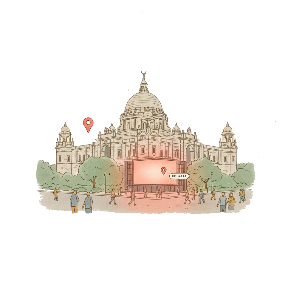 Illustrated Kolkata landmark with glowing coral Blindspot DOOH advertising screens