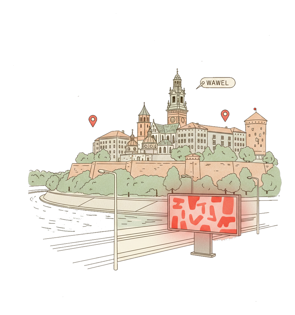 Illustrated Krakow landmark with glowing coral Blindspot DOOH advertising screens
