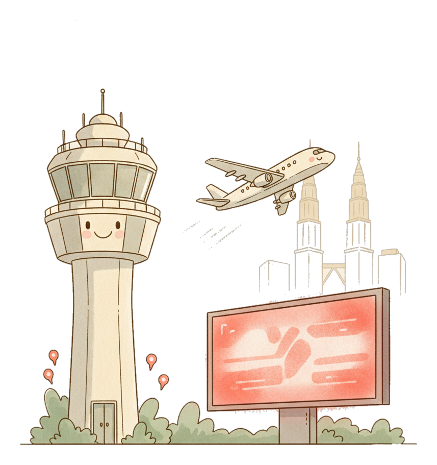 Illustrated Kuala Lumpur Airport landmark with glowing coral Blindspot DOOH advertising screens